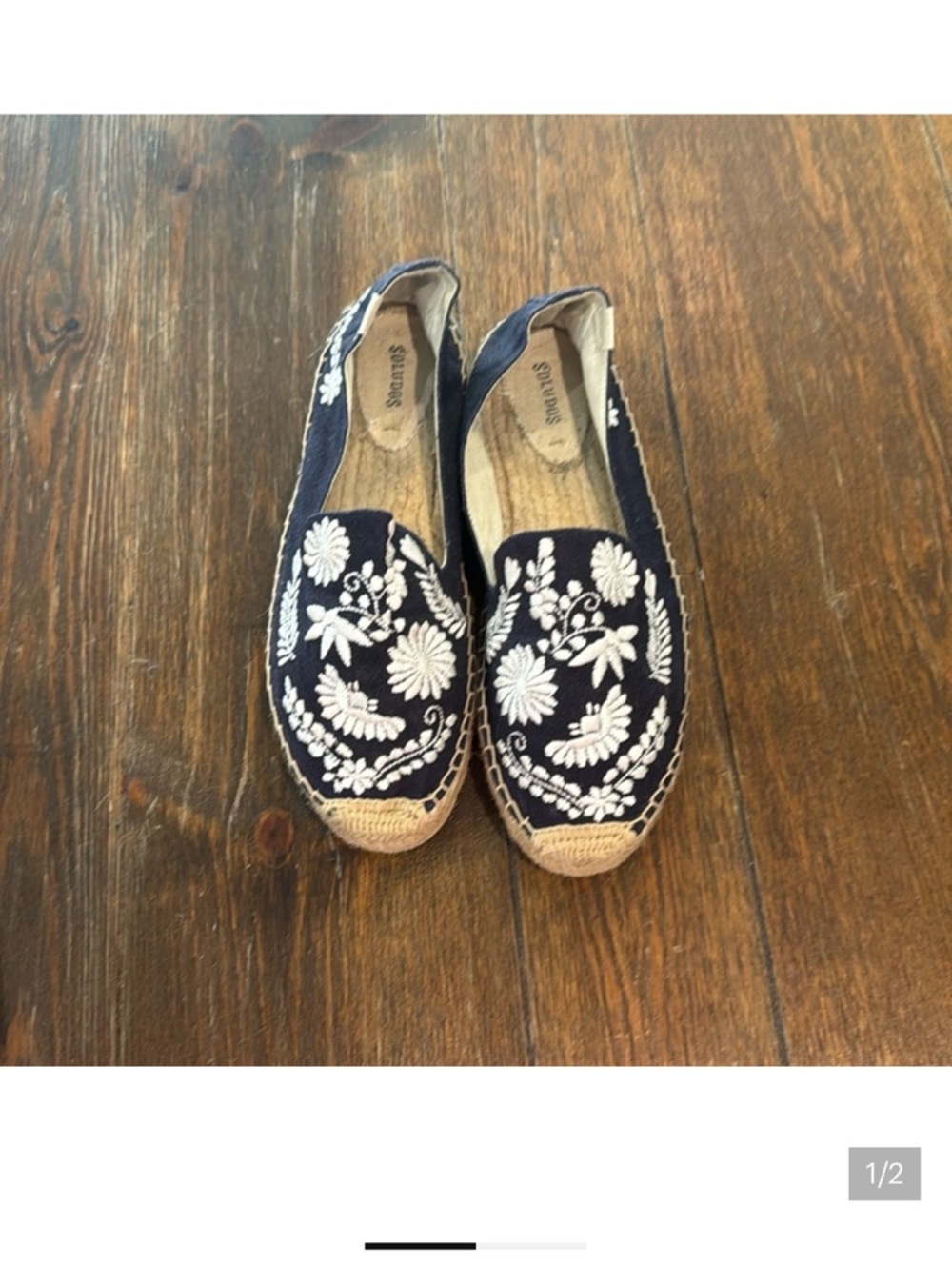 Soludos Navy Espadrille Slip-Ons with White Floral Embroidery